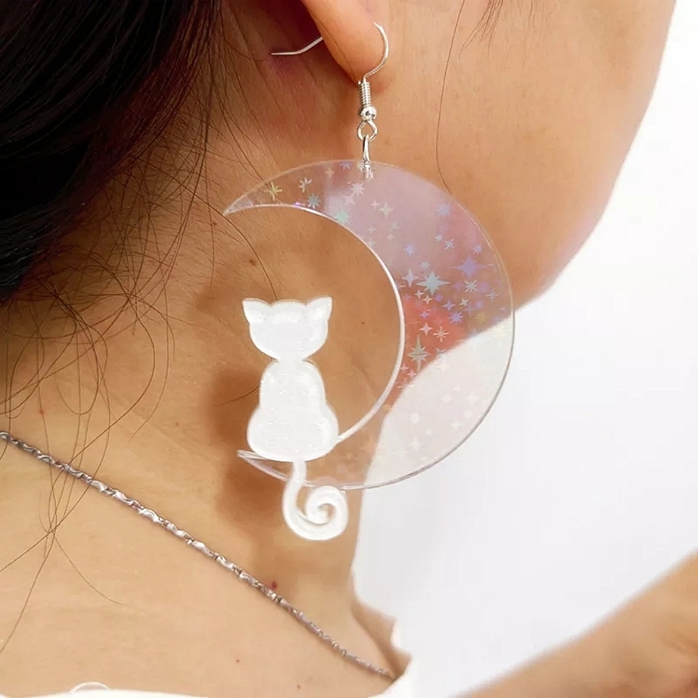 Cat on a Crescent Moon Acrylic Statement Earrings